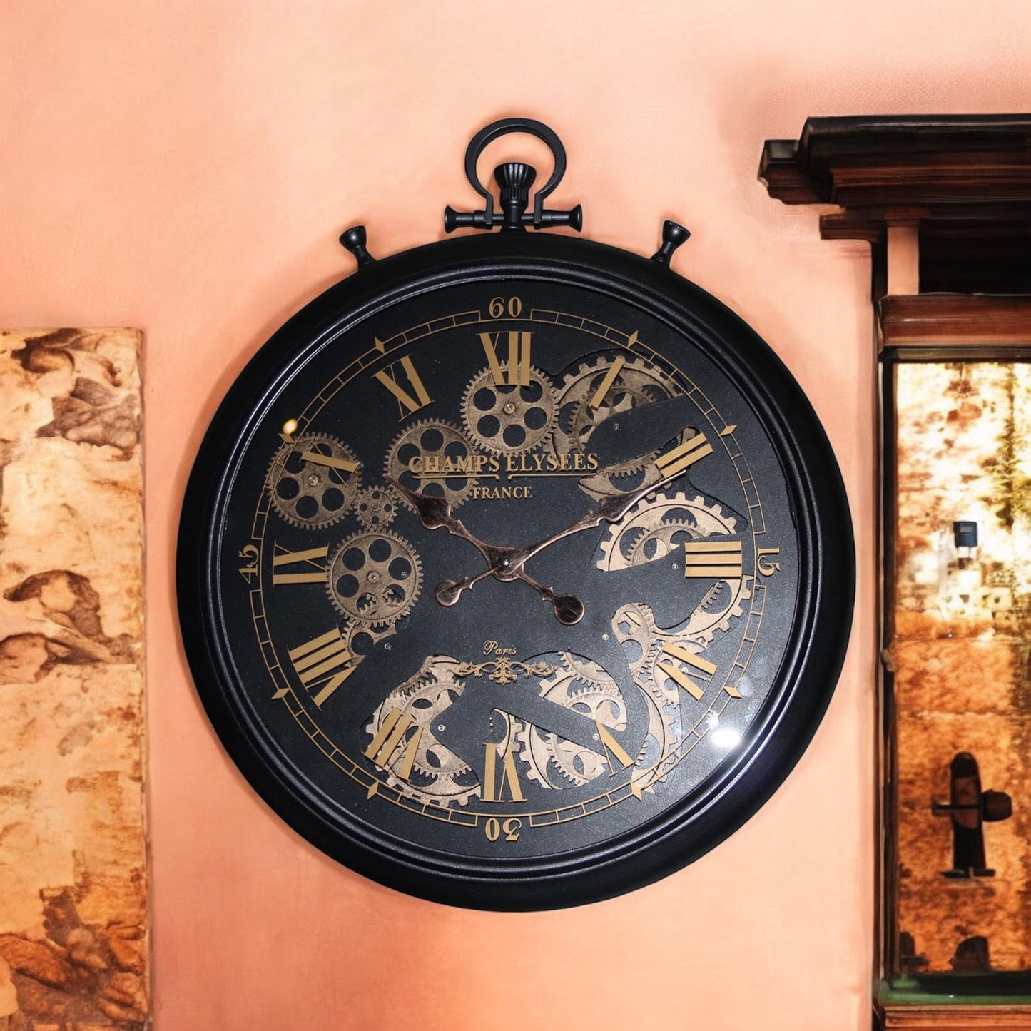 Beautiful and Durable 60cm Black & Gold Wall Clock – Roman Numerals with Moving Gears, Sleek Modern Design, Iron Frame, Decorative Centrepiece for Home, Living Room, and Office