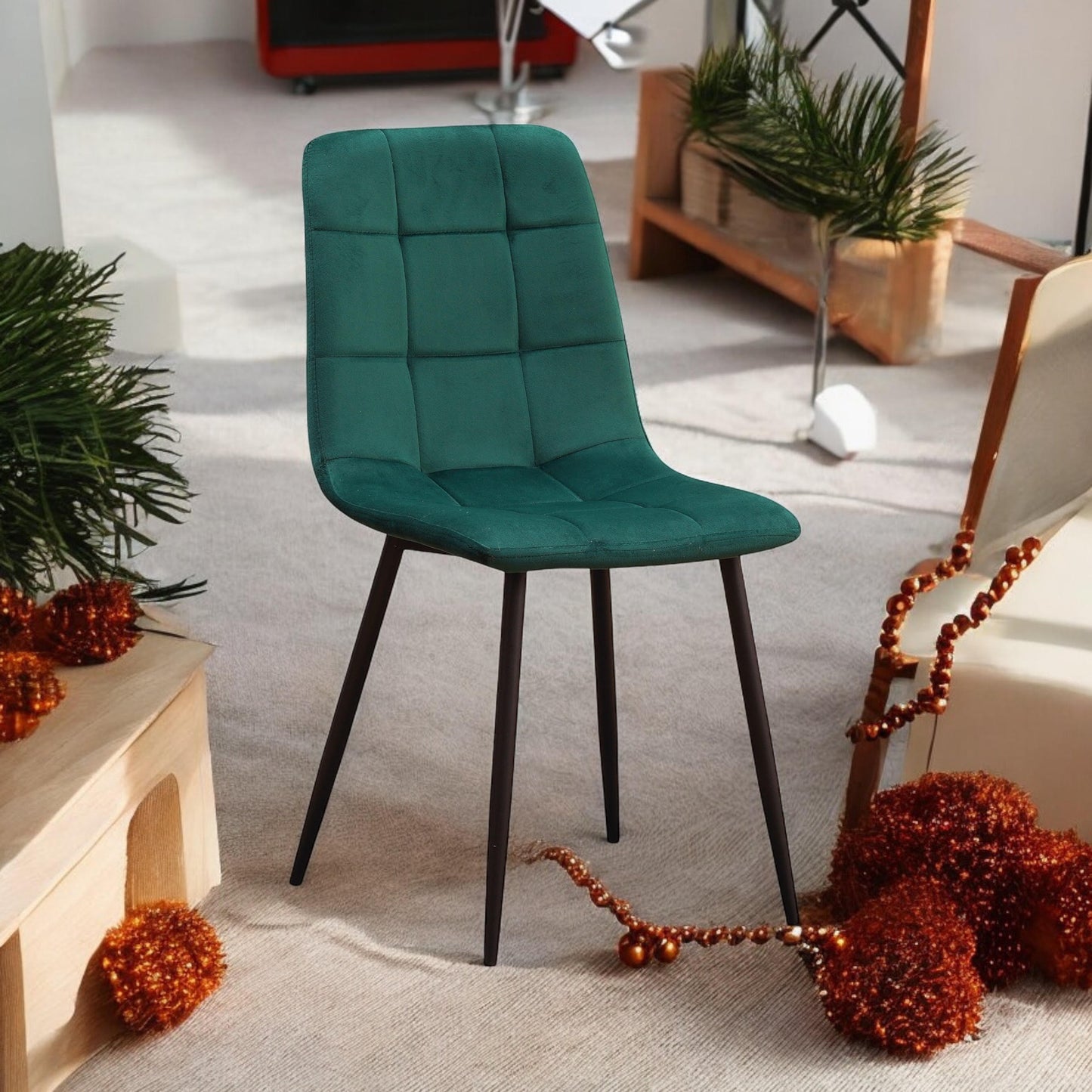 AcaciaHome Modern & Stylish Velvet Cushion Padded Metal Legs Dining Chairs - Ergonomic Design Comfortable Chairs Perfect for Kitchen, Dining, Living Room, and etc. (Green Fabric)
