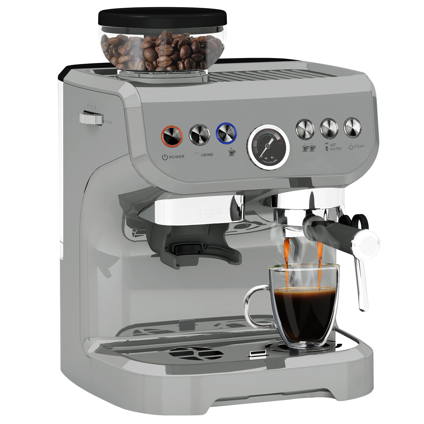 HOMCOM Espresso Machine, Bean Grinder & Steam Wand, 15 Bar Pressure, Silver.