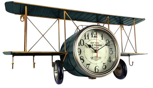 AcaciaHome Stylish Large 64cm Retro Aeroplane Clock – Vintage Metal Desk or Wall Timepiece with Blue Finish, Quartz Movement & Aviation-Themed Decor for Living Room, Office, Study or Hallway
