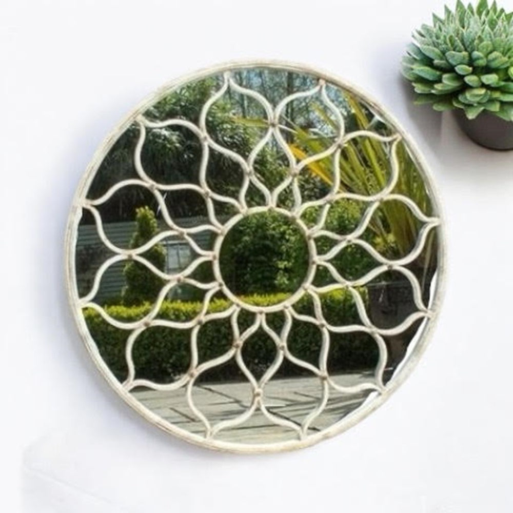 Elegant 60CM Framed Round Wall Mirror - Textured Cast Iron Frame with Mid-Century Modern Style, Ideal for Offices, Dressing Rooms, Guestrooms, or Garden Spaces (Grey Floral Mirror)