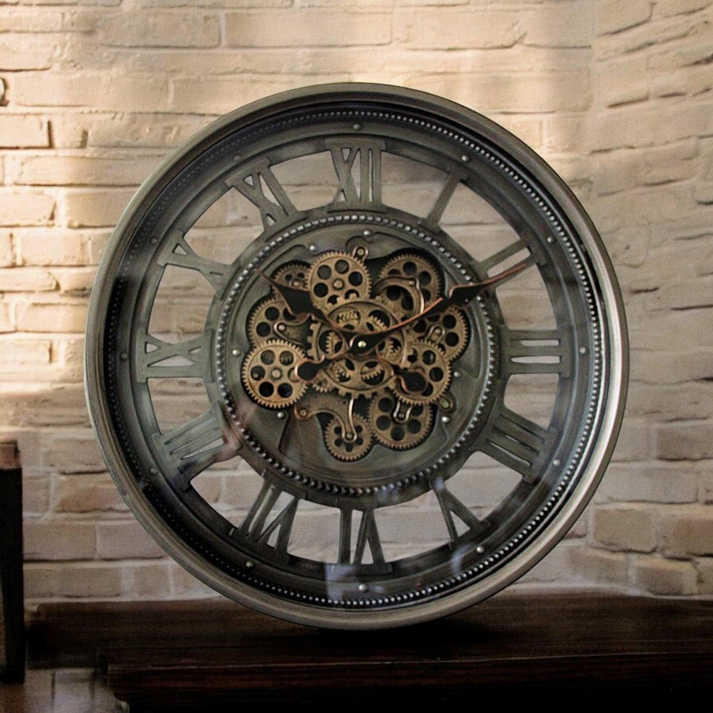 AcaciaHome Stylish & Decorative Industrial with Roman Numerals Round Wall Clock - Modern Design, Moving Gears, Battery-Operated Quartz Movement Timepiece for Living Room & Home (Black/Grey - 60cm)