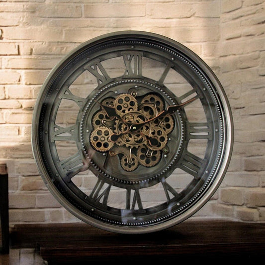 AcaciaHome Stylish & Decorative Industrial with Roman Numerals Round Wall Clock - Modern Design, Moving Gears, Battery-Operated Quartz Movement Timepiece for Living Room & Home (Black/Grey - 60cm)