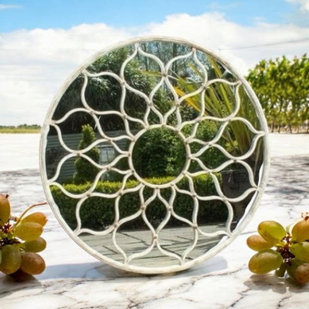 Elegant 60CM Framed Round Wall Mirror - Textured Cast Iron Frame with Mid-Century Modern Style, Ideal for Offices, Dressing Rooms, Guestrooms, or Garden Spaces (Grey Floral Mirror)