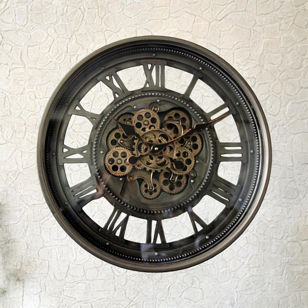 AcaciaHome Stylish & Decorative Industrial with Roman Numerals Round Wall Clock - Modern Design, Moving Gears, Battery-Operated Quartz Movement Timepiece for Living Room & Home (Black/Grey - 60cm)
