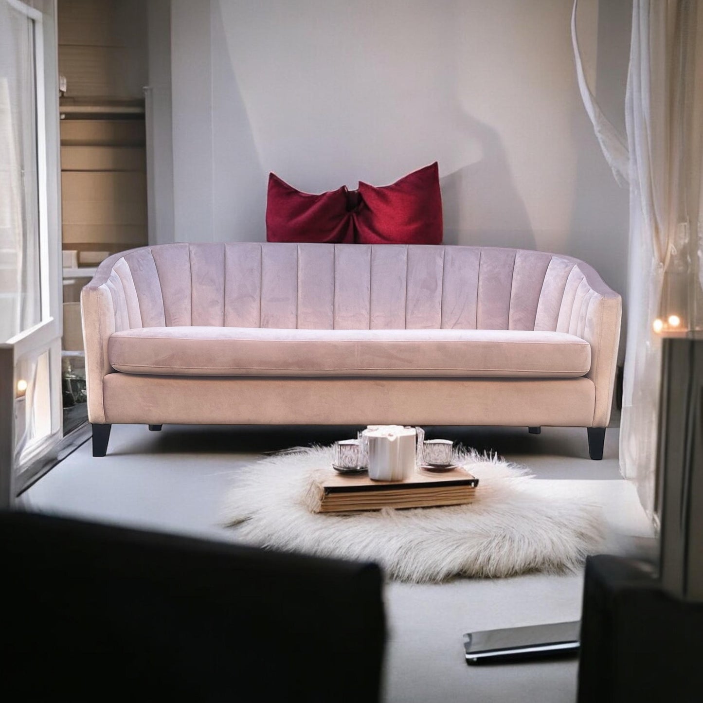 AcaciaHome Durable & Stylish Blue/Pink/Leopard Print Velvet Tub Couch 3-Seater Sofa | Contemporary Drop Arm Design | Comfortable Living Room Seating | Perfect for Home & Office (Pink Velvet)