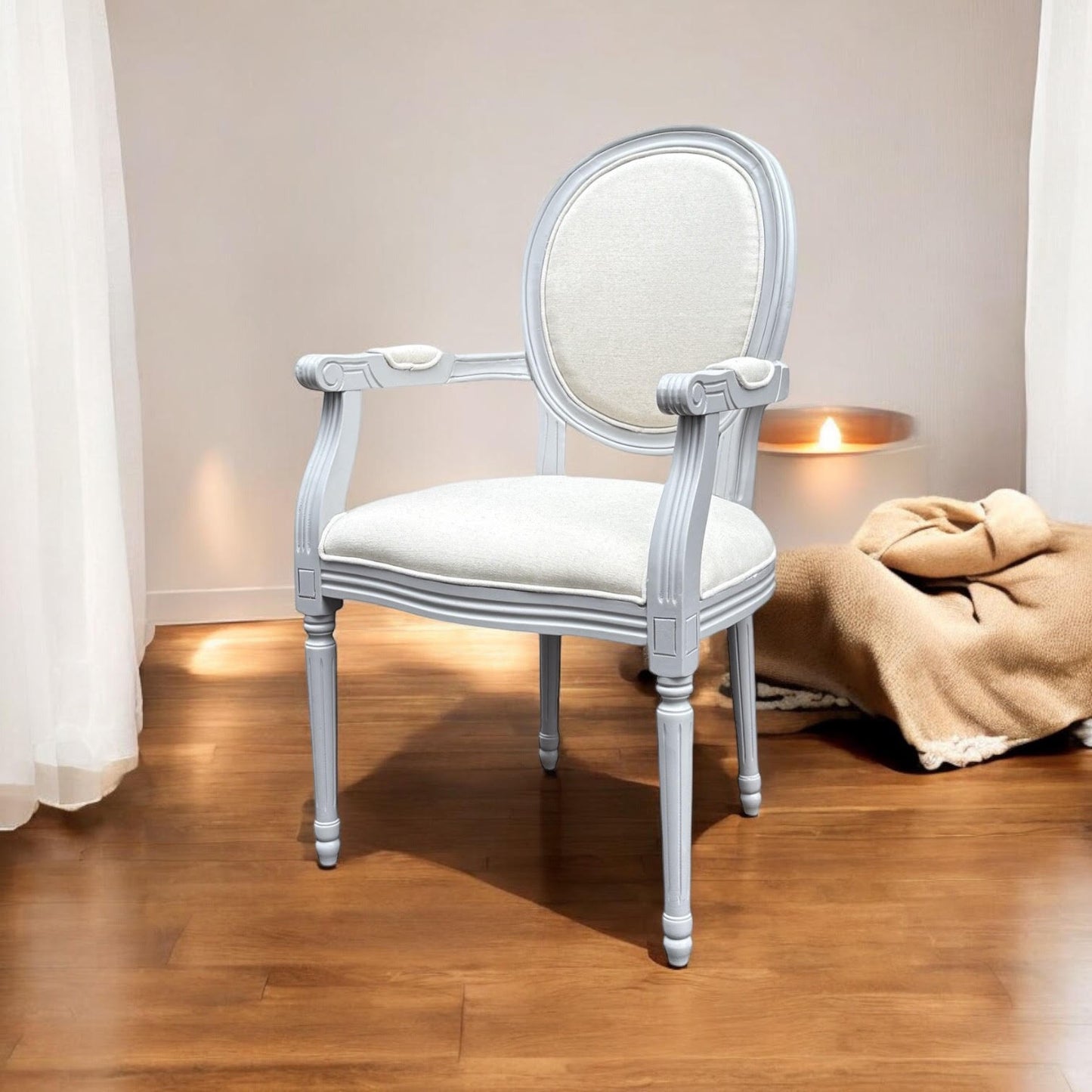 Elegant and Comfortable 94CM Louis Style Cream Linen Armchair - Oak/Grey Frame French Style Dining Chair with High Back Design for Modern Home Décor or Dining Spaces (Grey Frame Cream Linen)