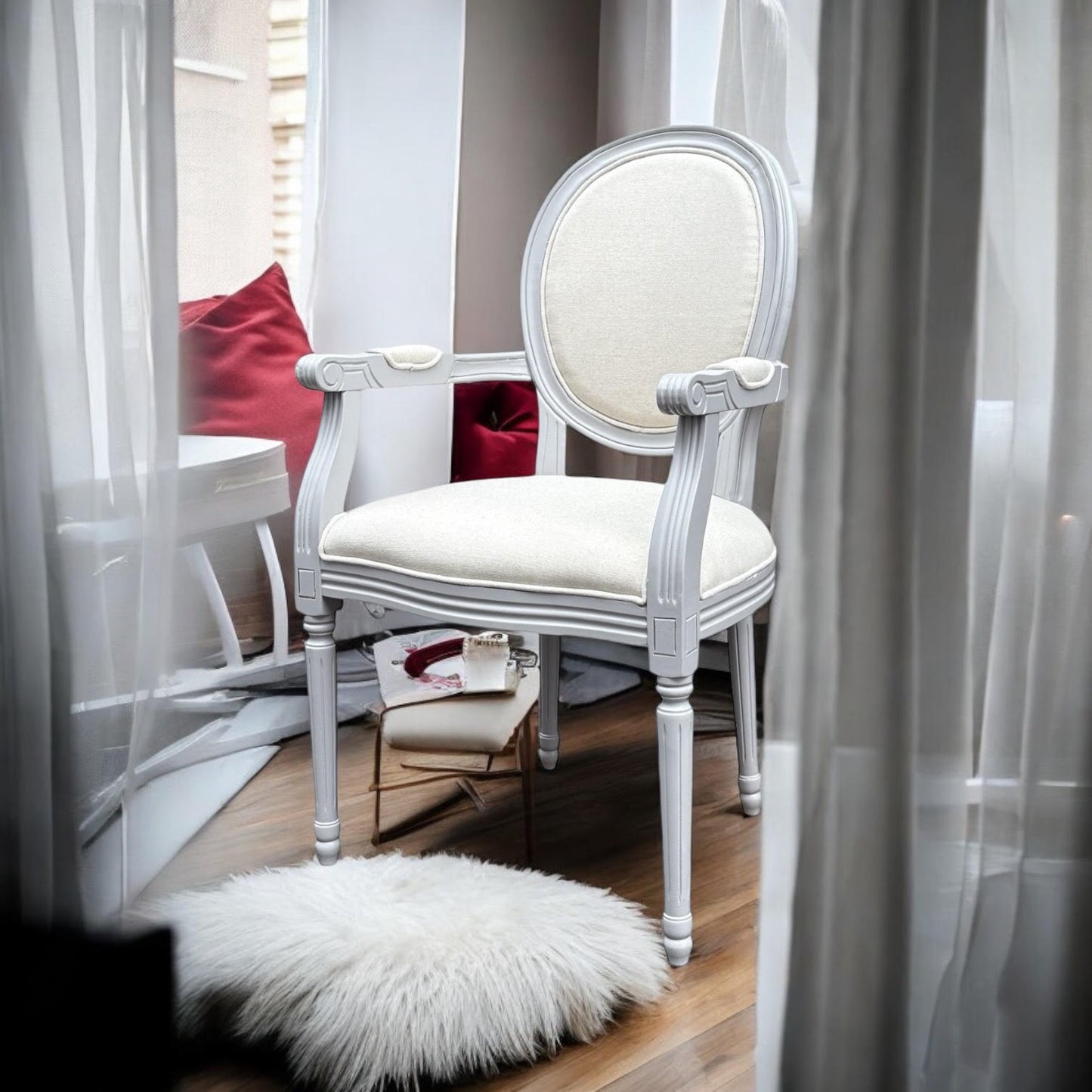 Elegant and Comfortable 94CM Louis Style Cream Linen Armchair - Oak/Grey Frame French Style Dining Chair with High Back Design for Modern Home Décor or Dining Spaces (Grey Frame Cream Linen)