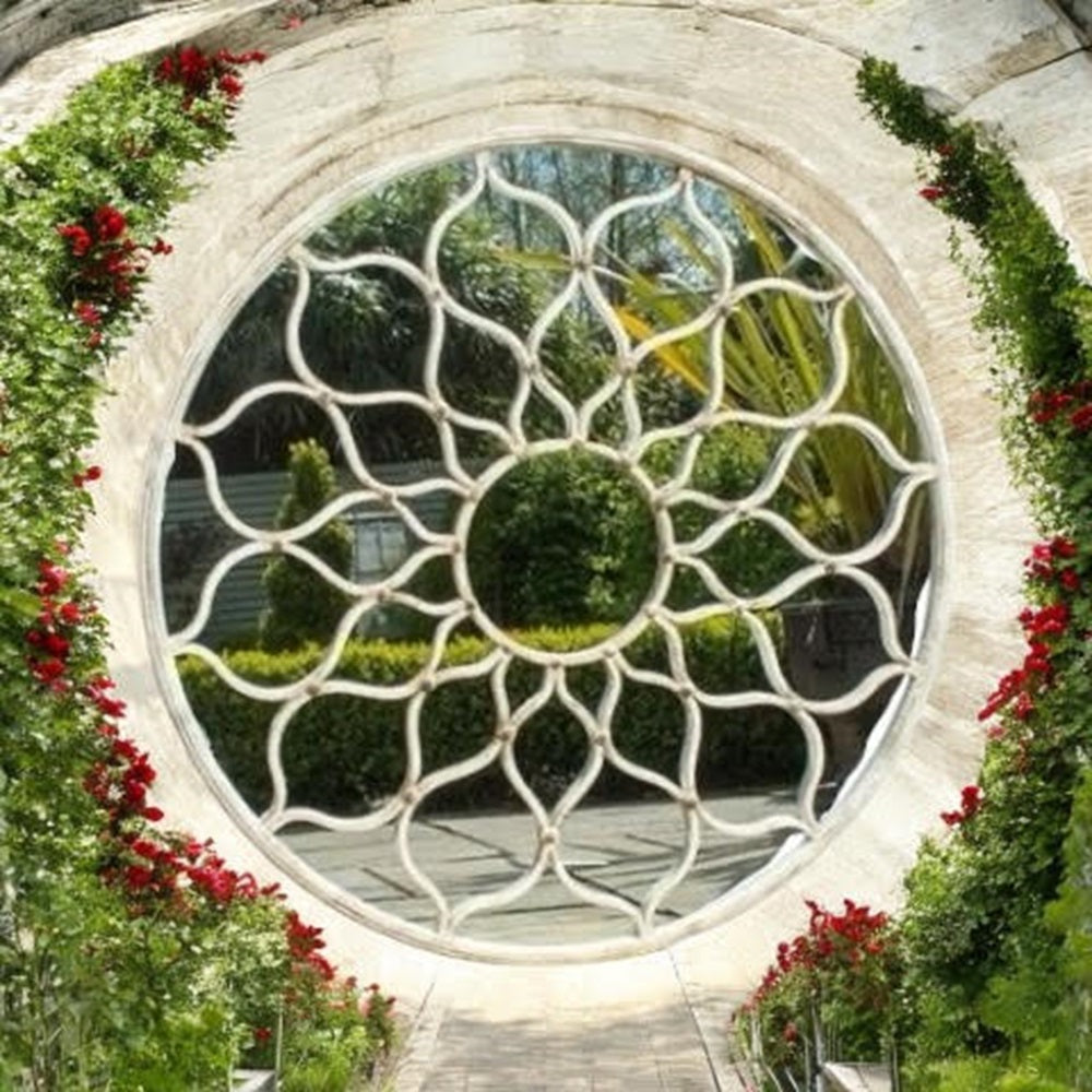 Elegant 60CM Framed Round Wall Mirror - Textured Cast Iron Frame with Mid-Century Modern Style, Ideal for Offices, Dressing Rooms, Guestrooms, or Garden Spaces (Grey Floral Mirror)