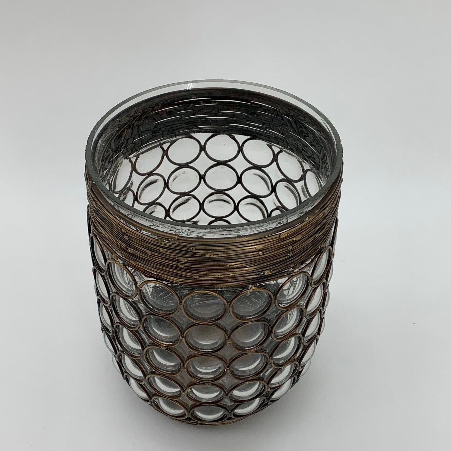 9" GLASS CANDLE HOLDER IN METAL FRAME
