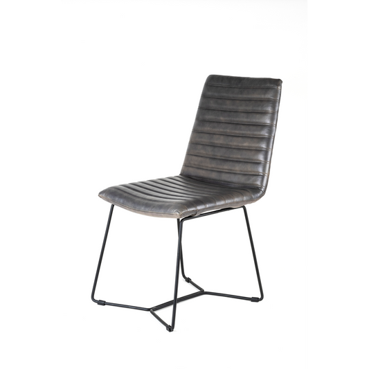 AcaciaHome Durable and Stylish Vintage Dark Grey Real Leather Dining Chair with Industrial Black Metal Base - Comfortable Padded Seat, Perfect for Dining Room, Home Office, or Living Room
