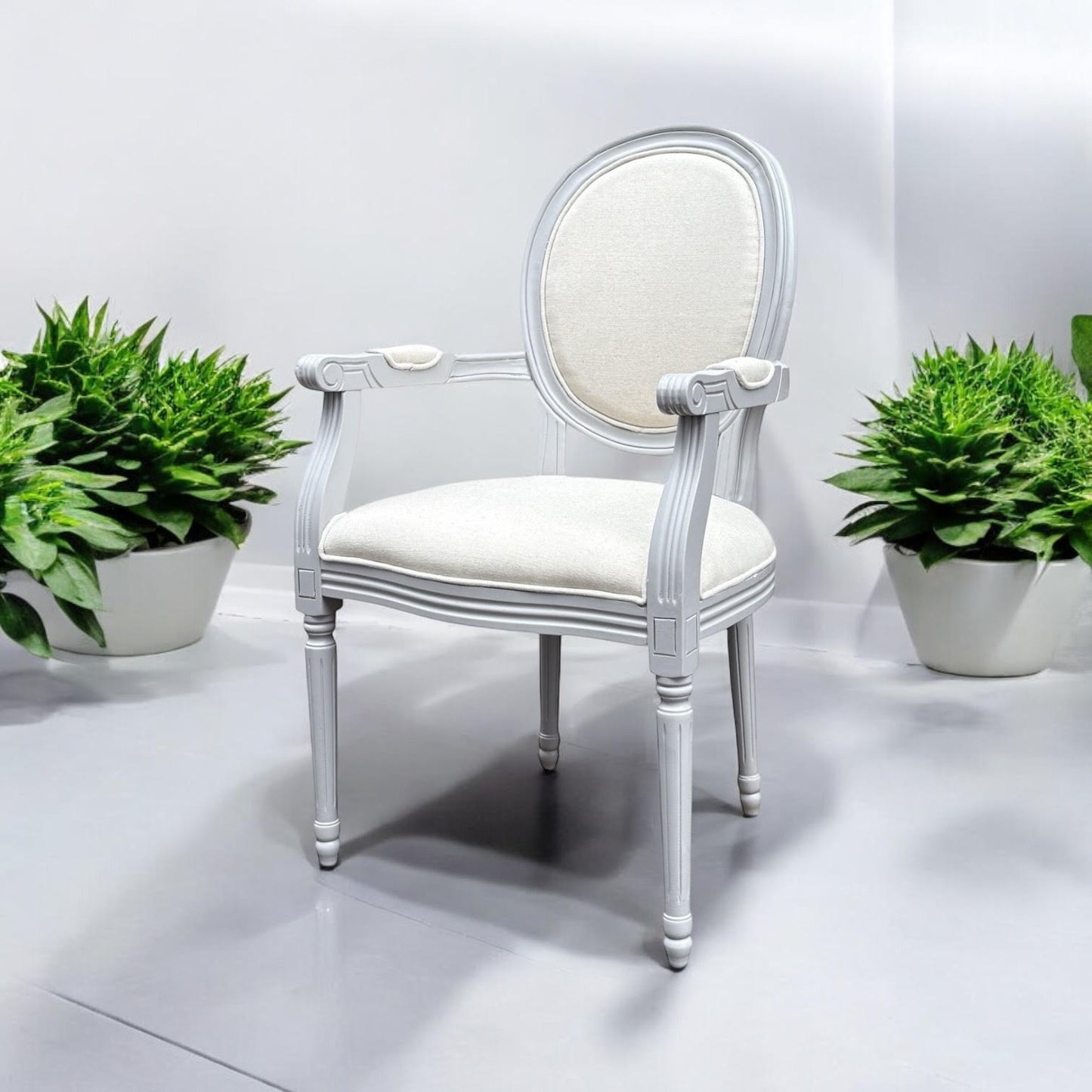 Elegant and Comfortable 94CM Louis Style Cream Linen Armchair - Oak/Grey Frame French Style Dining Chair with High Back Design for Modern Home Décor or Dining Spaces (Grey Frame Cream Linen)