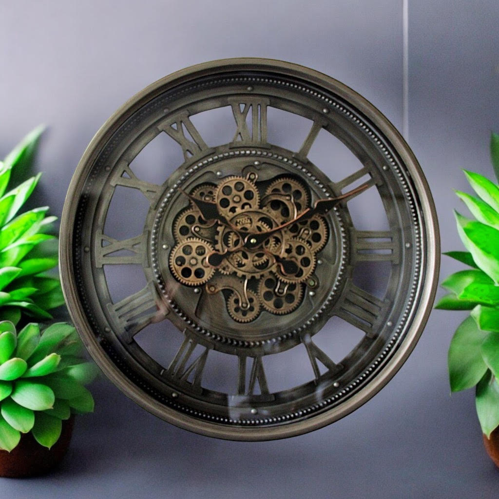 AcaciaHome Stylish & Decorative Industrial with Roman Numerals Round Wall Clock - Modern Design, Moving Gears, Battery-Operated Quartz Movement Timepiece for Living Room & Home (Black/Grey - 60cm)