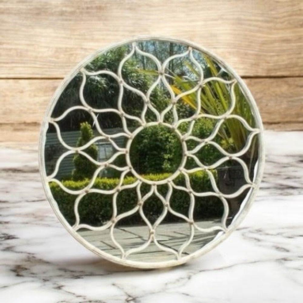 Elegant 60CM Framed Round Wall Mirror - Textured Cast Iron Frame with Mid-Century Modern Style, Ideal for Offices, Dressing Rooms, Guestrooms, or Garden Spaces (Grey Floral Mirror)