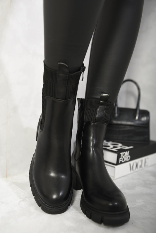 (F) Slip On Elastic Block Heel Platform Ankle Boots