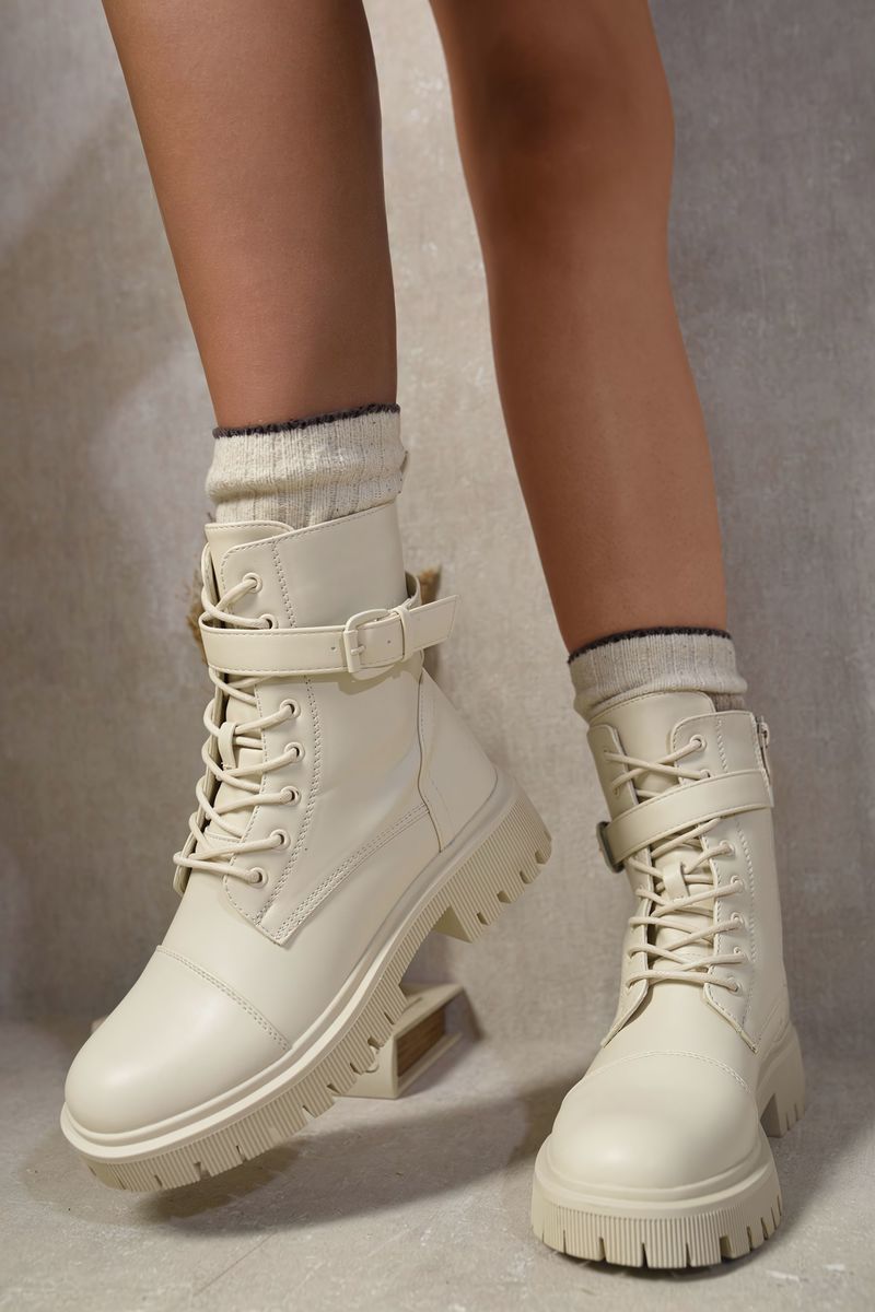 (F) Lace Up Buckle Chunky Combat Boots