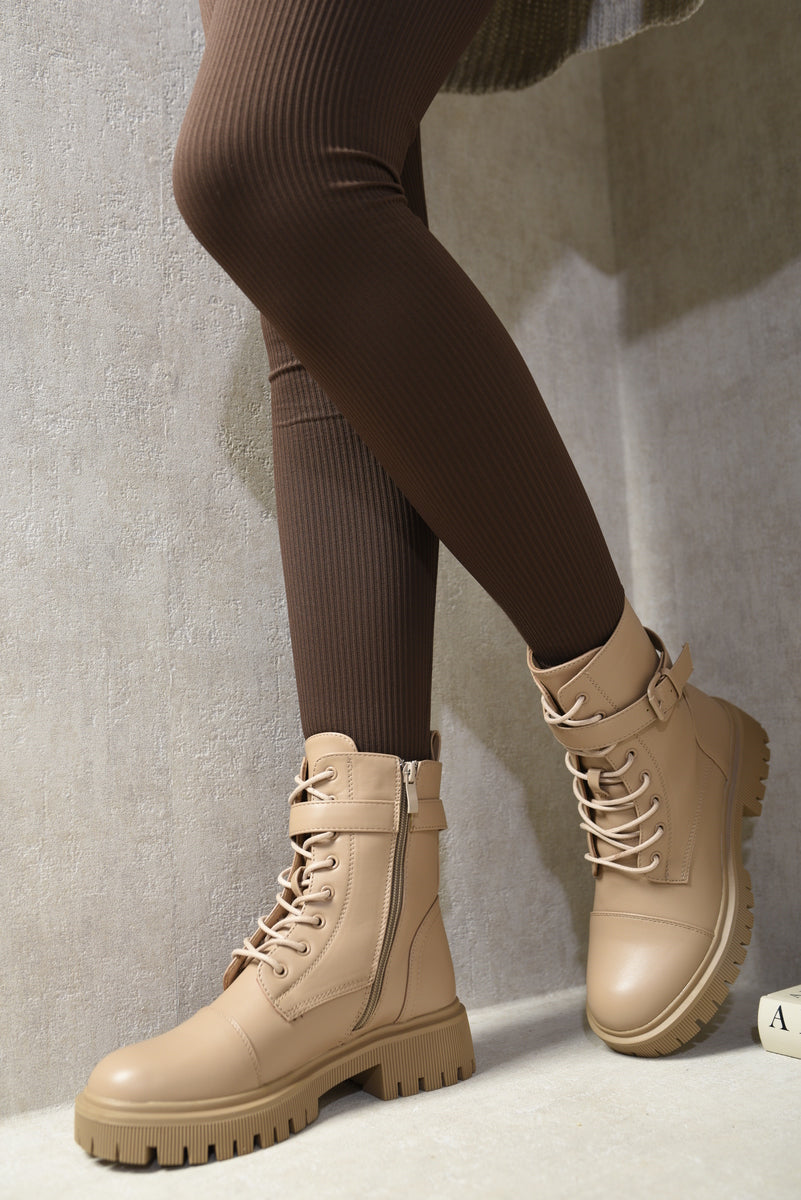(F) Lace Up Buckle Chunky Combat Boots
