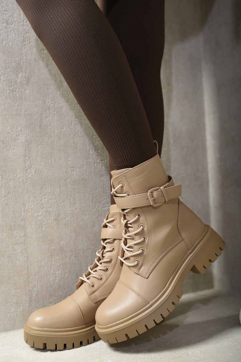 (F) Lace Up Buckle Chunky Combat Boots