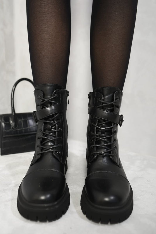 (F) Lace Up Buckle Chunky Combat Boots