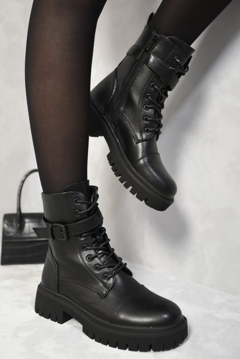 (F) Lace Up Buckle Chunky Combat Boots