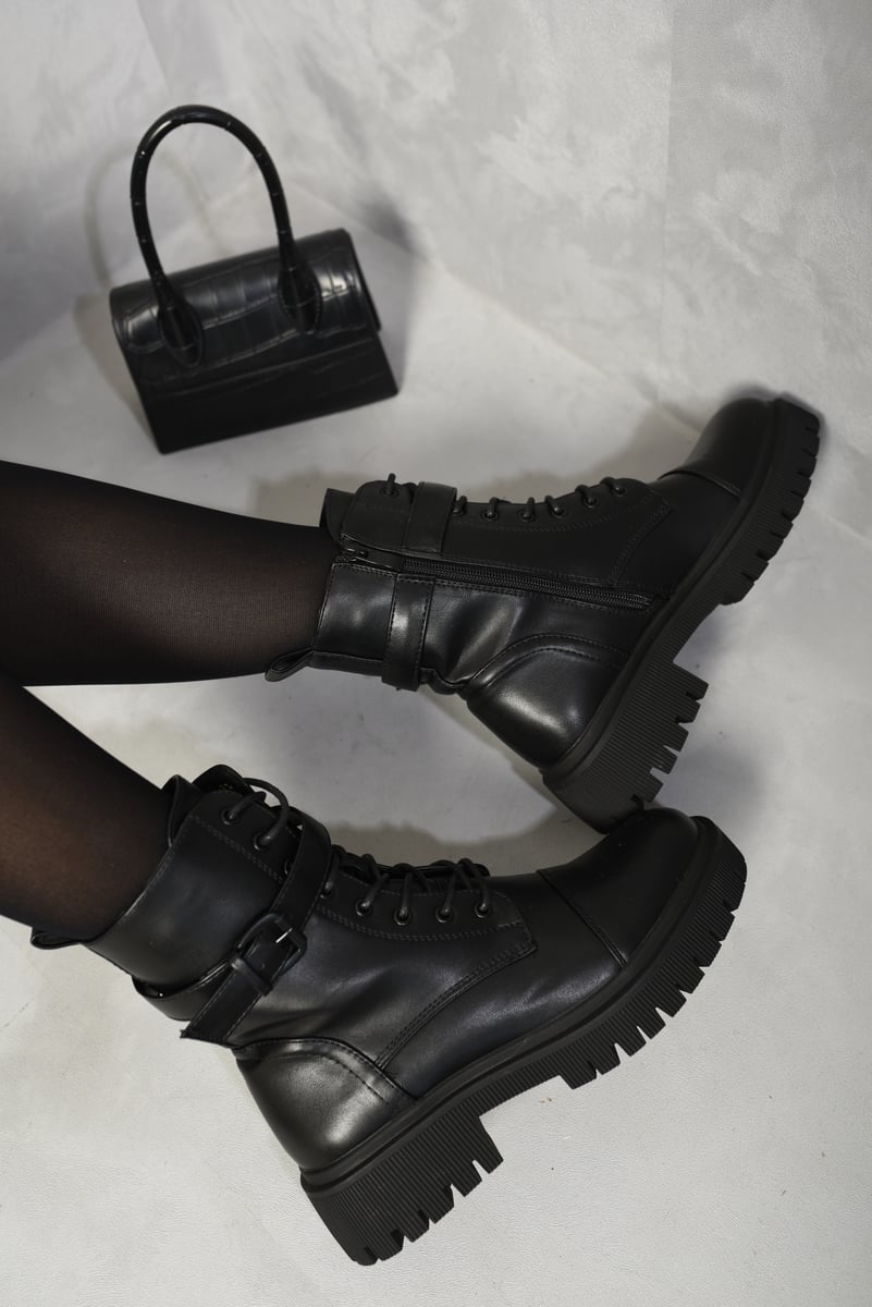 (F) Lace Up Buckle Chunky Combat Boots