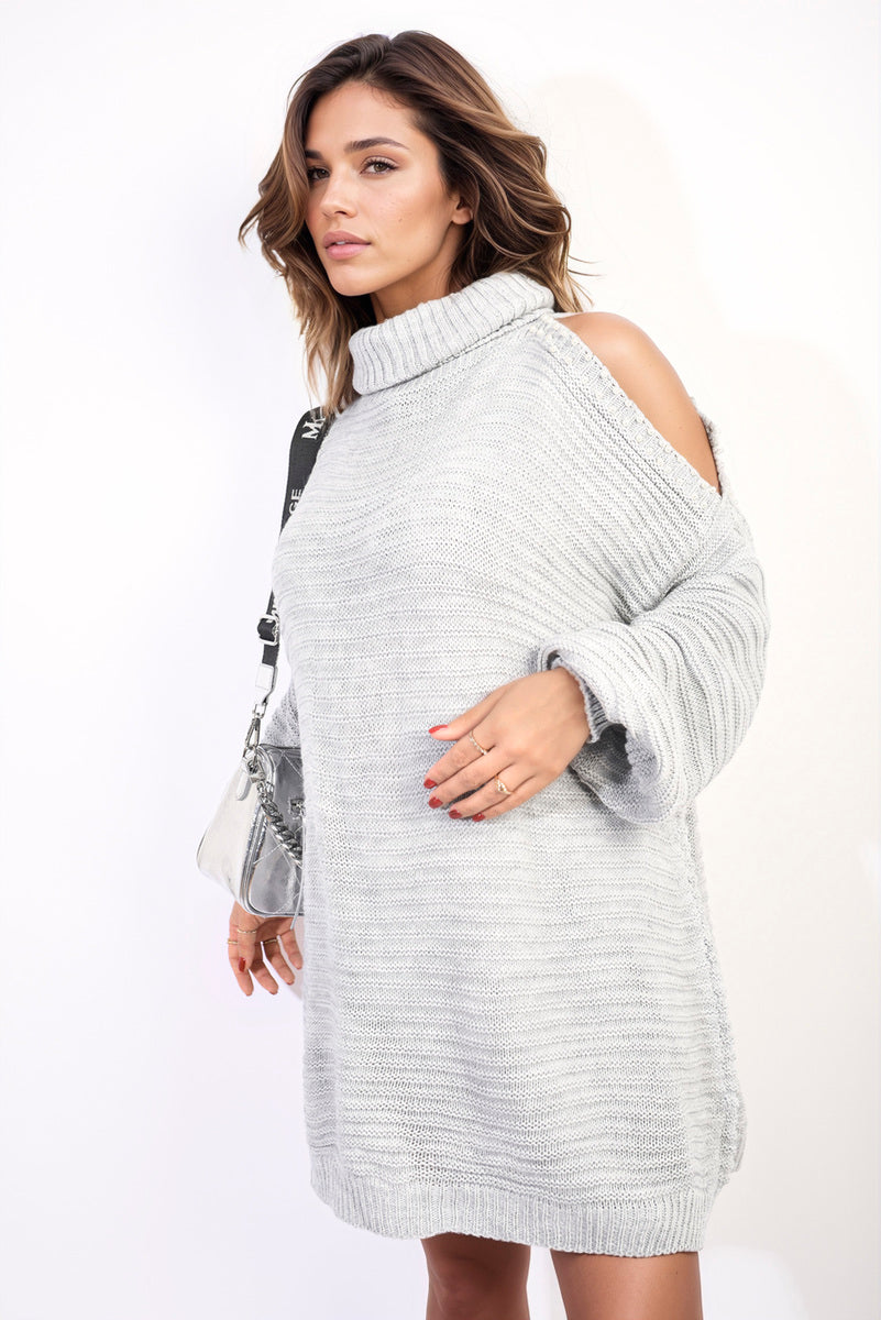 (F) High Neck Oversized Open Shoulder Long Sleeve Knitted Jumper