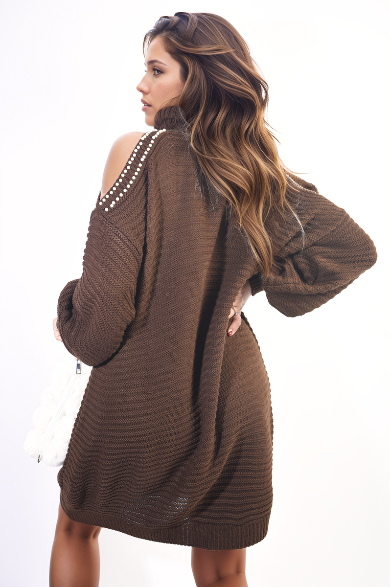 (F) High Neck Oversized Open Shoulder Long Sleeve Knitted Jumper
