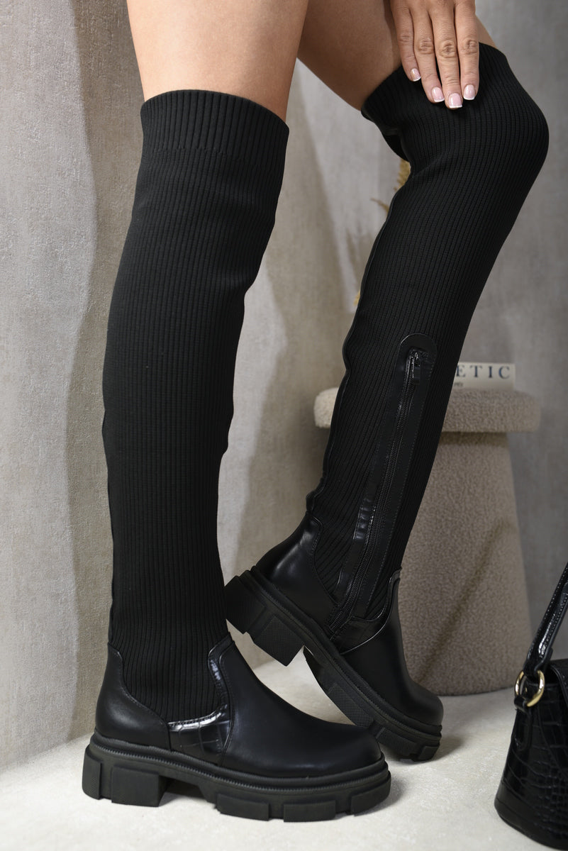 (F) Knitted Platform Over The Knee Chunky Boots