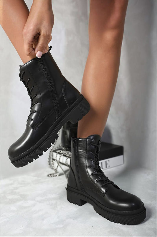 (F) Lace Up Side Zip Chunky Ankle Boots