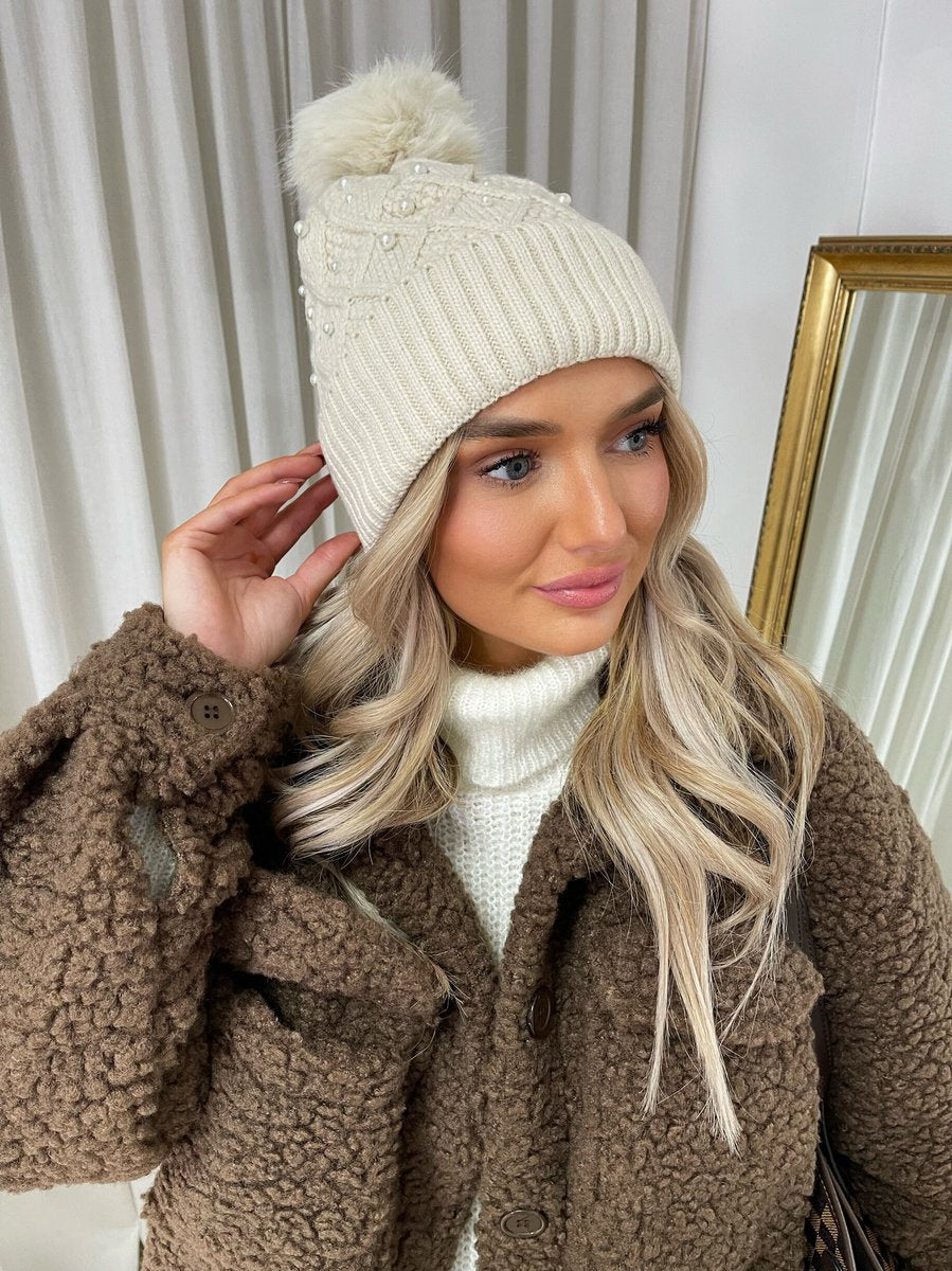 (F) Pom Pom Knitted Winter Hat With Pearl Decor