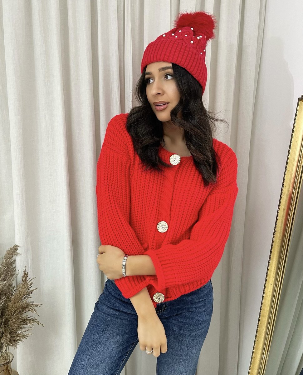 (F) Pom Pom Knitted Winter Hat With Pearl Decor