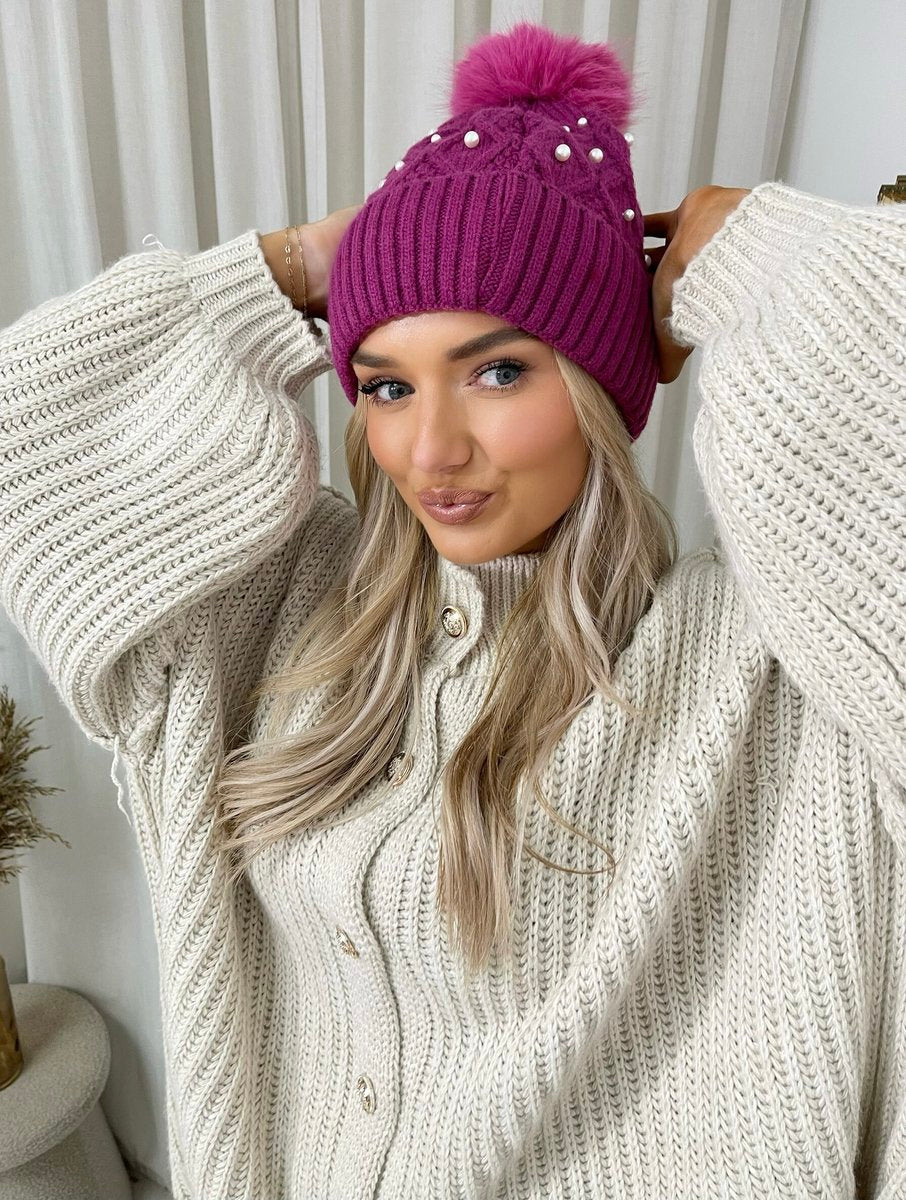 (F) Pom Pom Knitted Winter Hat With Pearl Decor