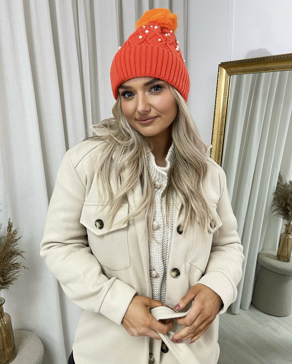 (F) Pom Pom Knitted Winter Hat With Pearl Decor