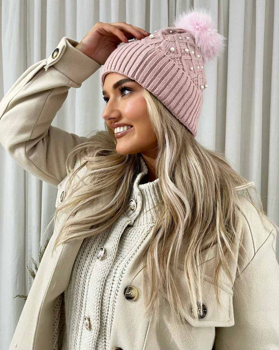 (F) Pom Pom Knitted Winter Hat With Pearl Decor