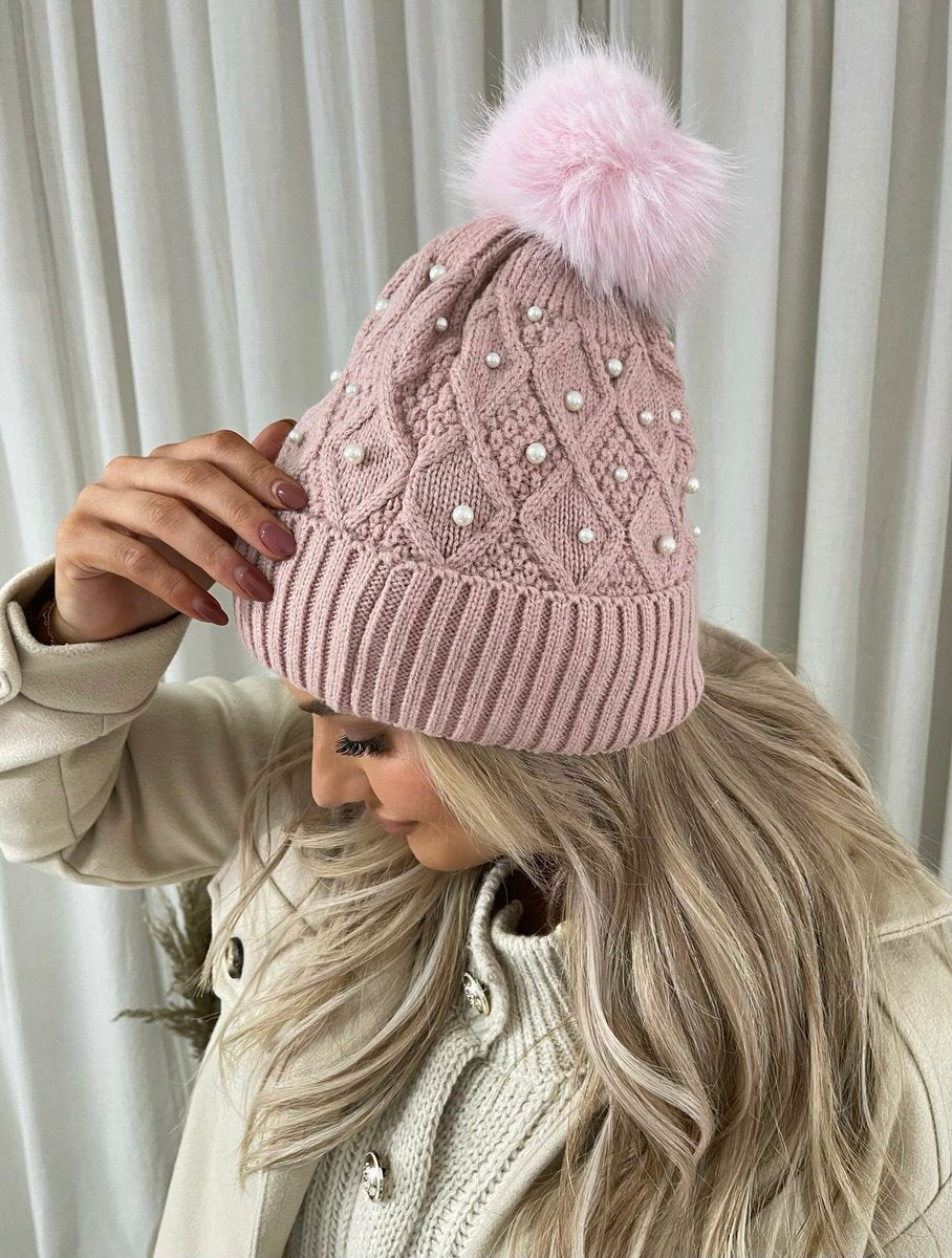 (F) Pom Pom Knitted Winter Hat With Pearl Decor