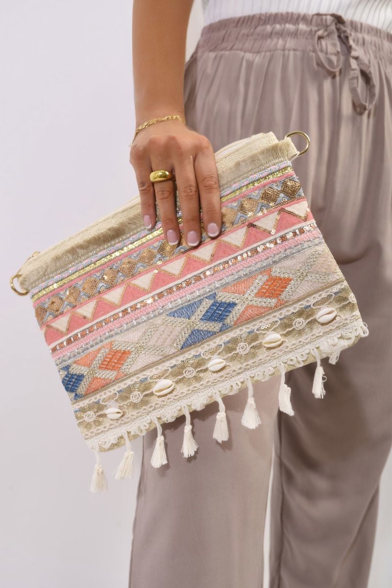 (F) Pom Pom Boho Clutch Bag