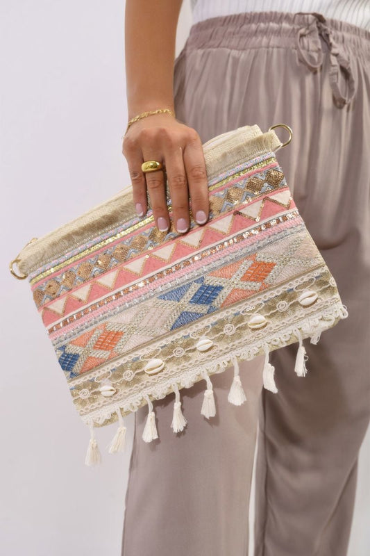 (F) Pom Pom Boho Clutch Bag