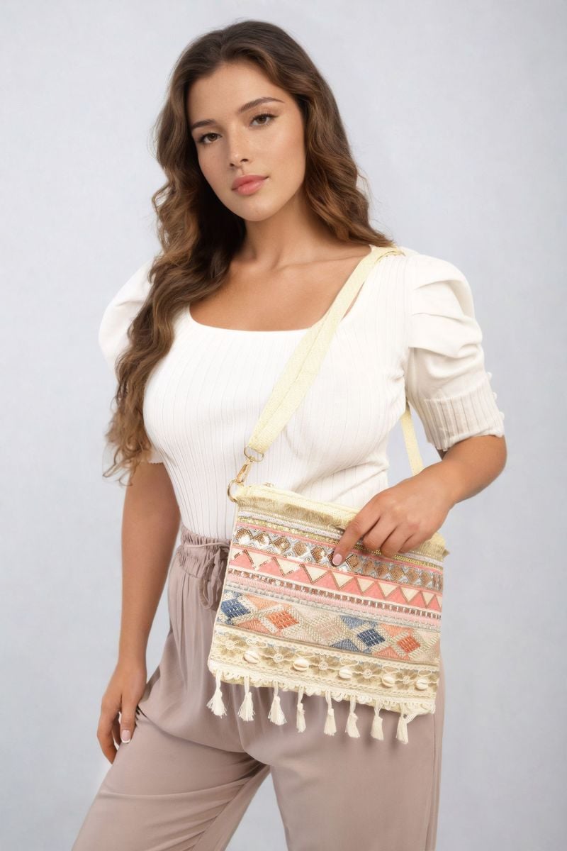 (F) Pom Pom Boho Clutch Bag