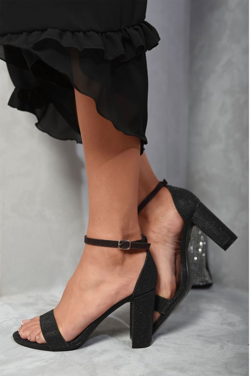 (F) Detail Glitter Ankle Strap Block High Heels