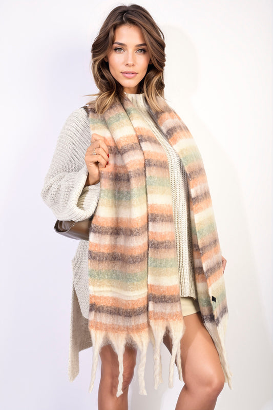 (F) Striped Soft Comfortable Oversized Chunky Scarf with Tassel