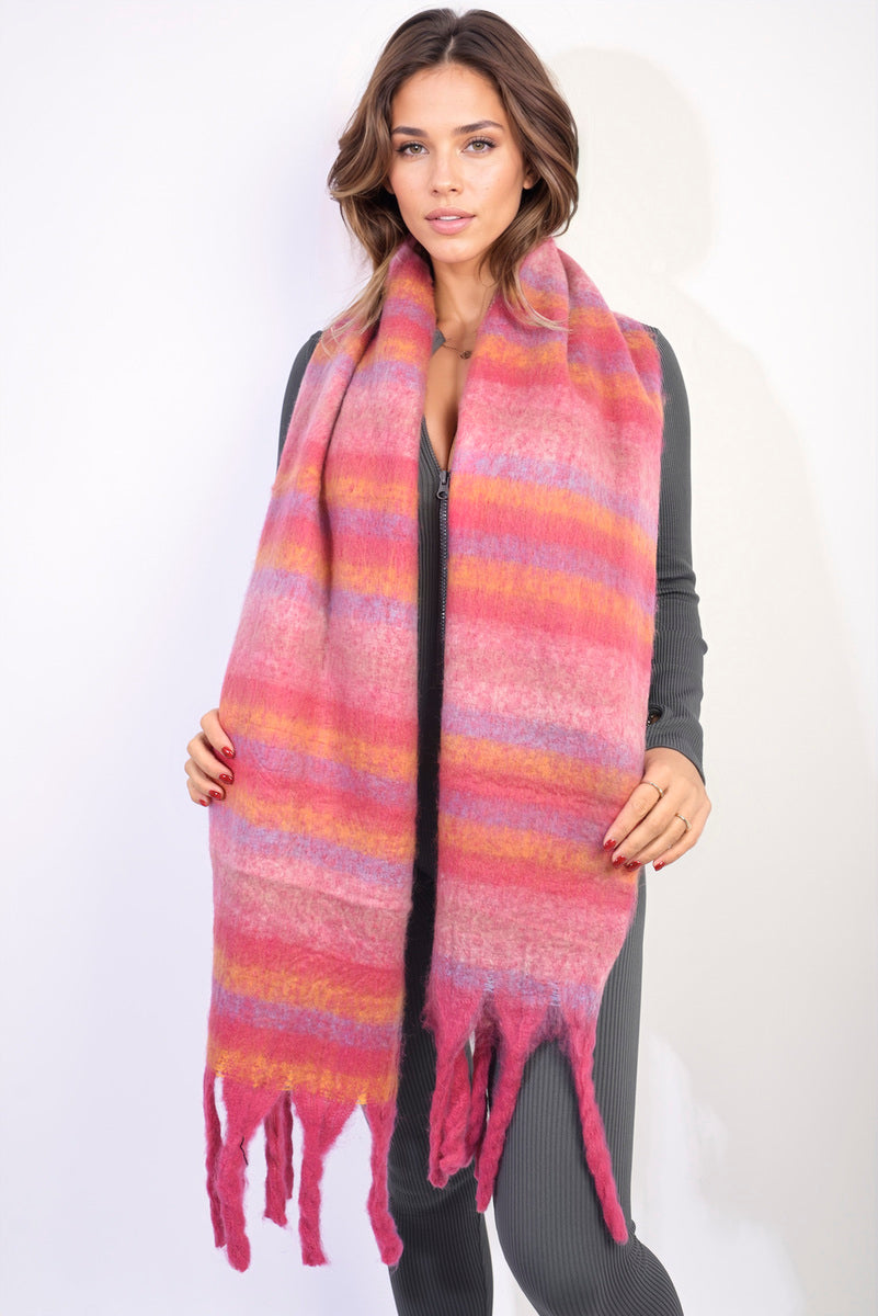 (F) Striped Soft Comfortable Oversized Chunky Scarf with Tassel