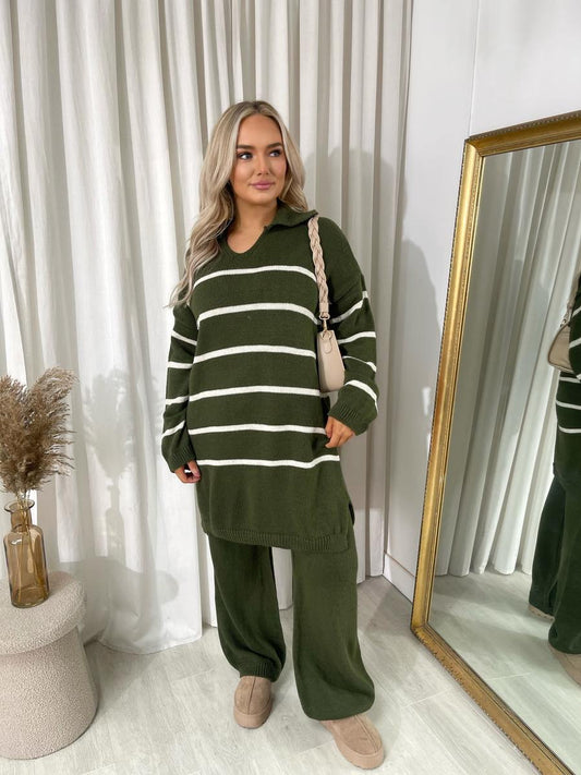 (F) Loose Striped Knitted Top and Trouser Co-ord Set