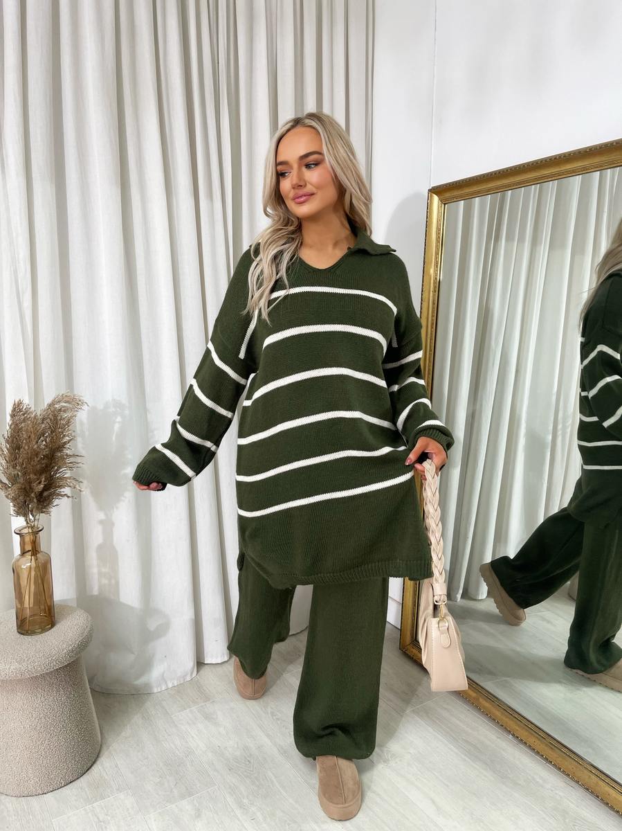 (F) Loose Striped Knitted Top and Trouser Co-ord Set