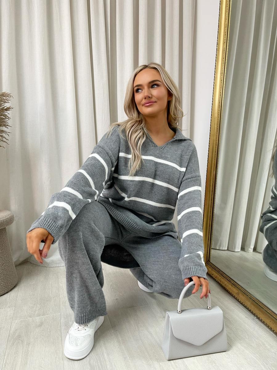 (F) Loose Striped Knitted Top and Trouser Co-ord Set