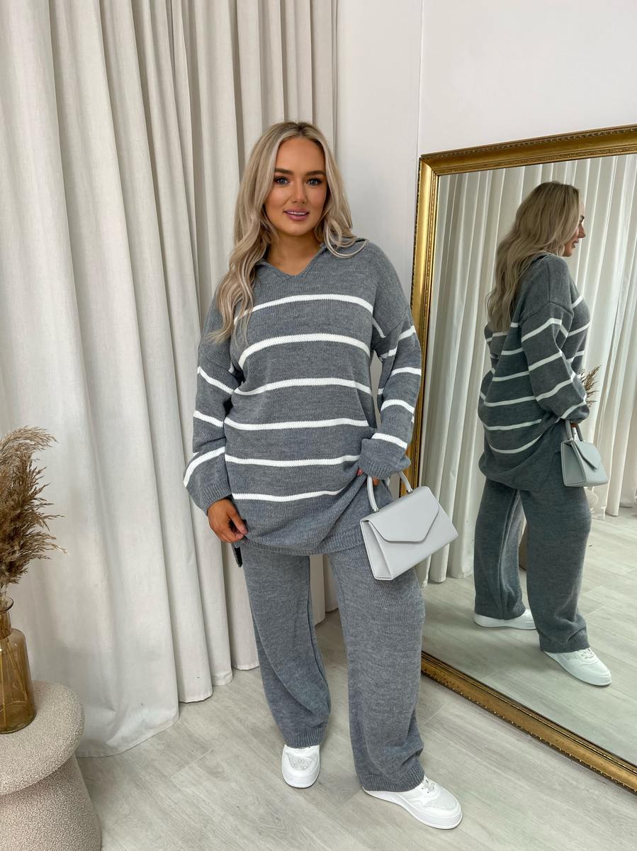 (F) Loose Striped Knitted Top and Trouser Co-ord Set