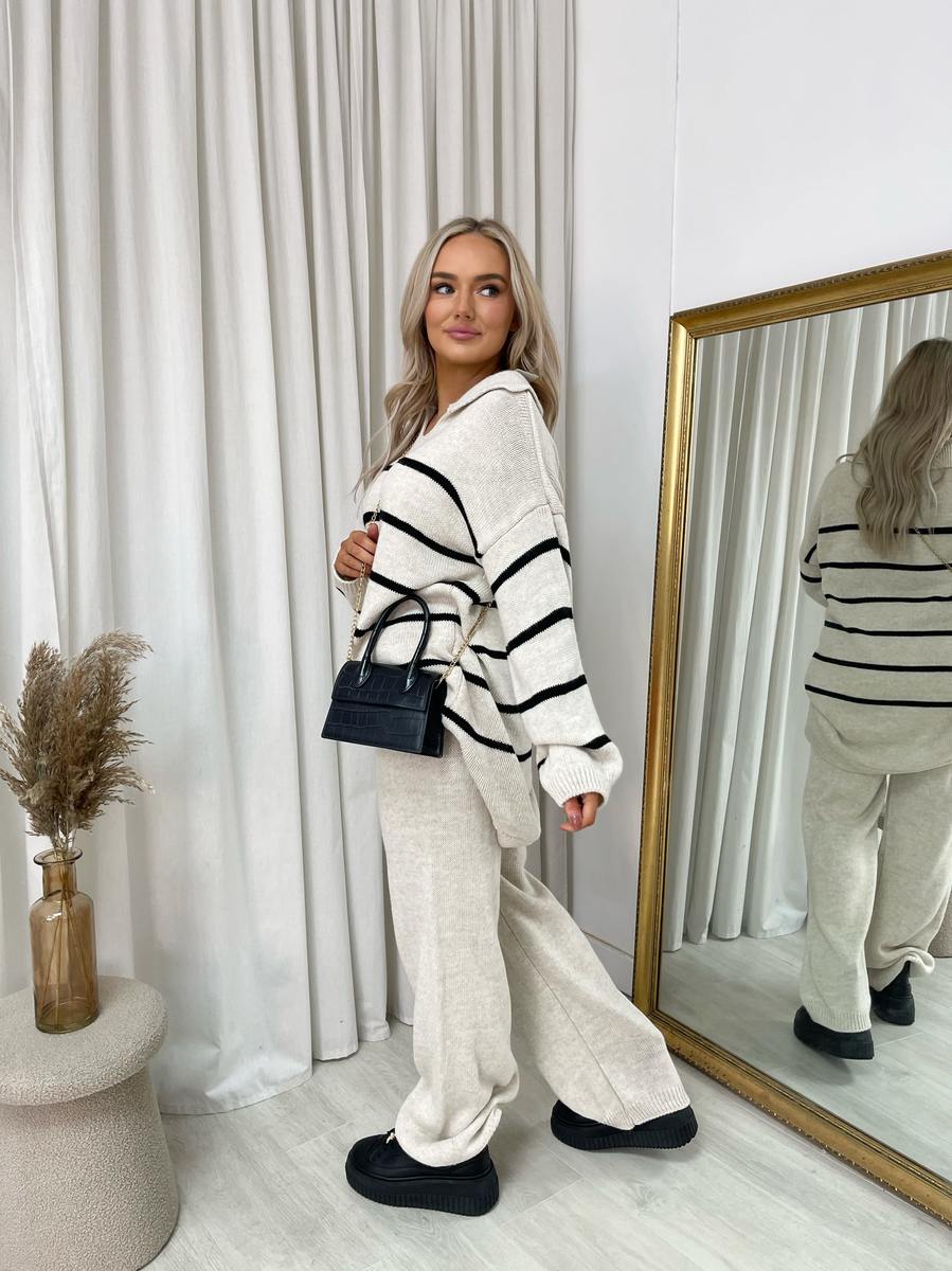 (F) Loose Striped Knitted Top and Trouser Co-ord Set