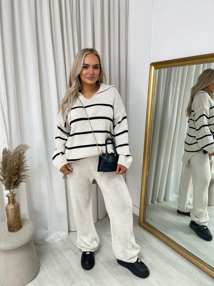 (F) Loose Striped Knitted Top and Trouser Co-ord Set