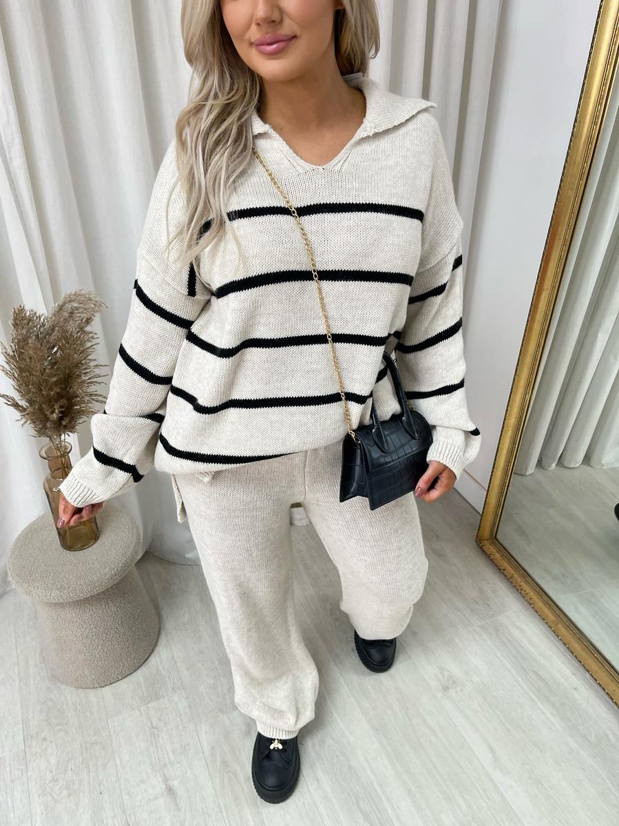 (F) Loose Striped Knitted Top and Trouser Co-ord Set