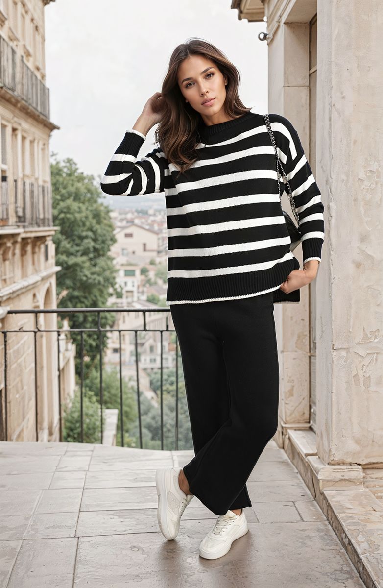 (F) Knitted Striped Long Sleeve Top and  Pants Co-ord Set