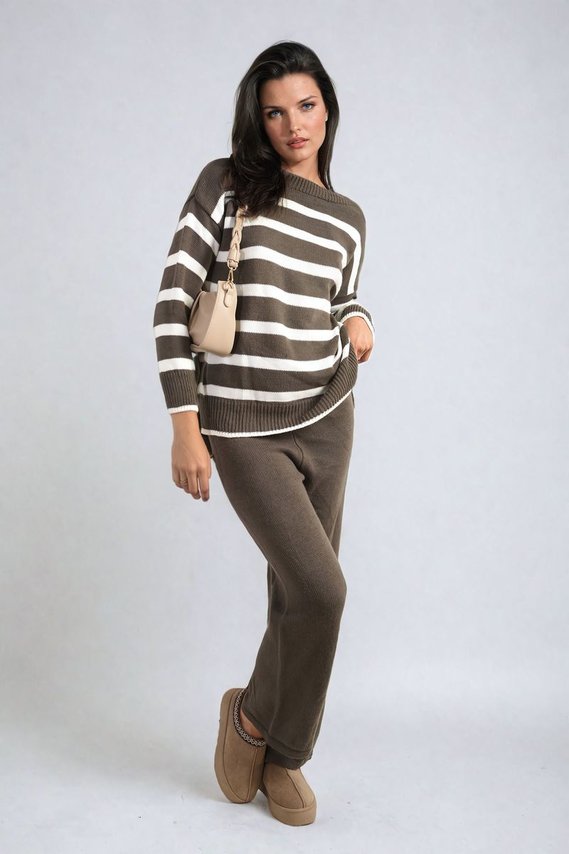 (F) Knitted Striped Long Sleeve Top and  Pants Co-ord Set